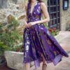 Vestido Midi Evento Morado Detalles Dorados