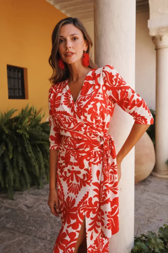 Vestido Corto Estampado Naranja Y Blanco
