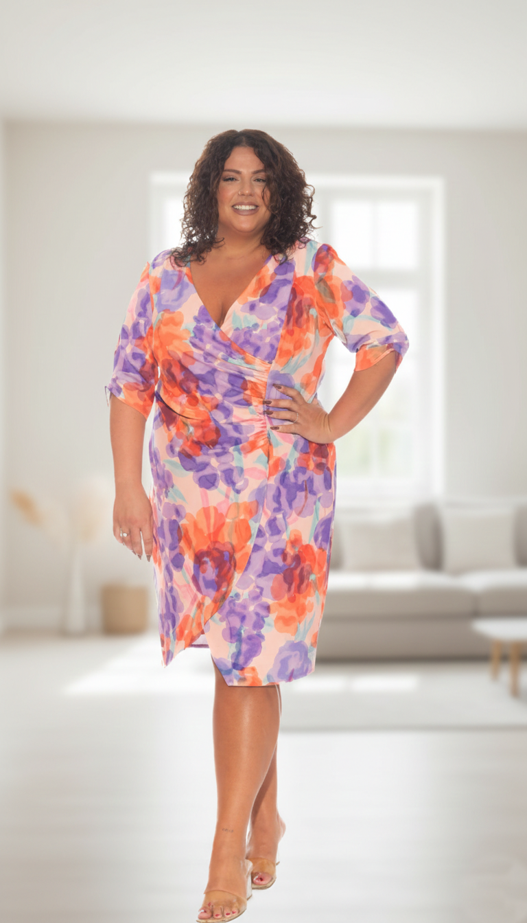 Vestido Corto Drapeado Naranja y Lila