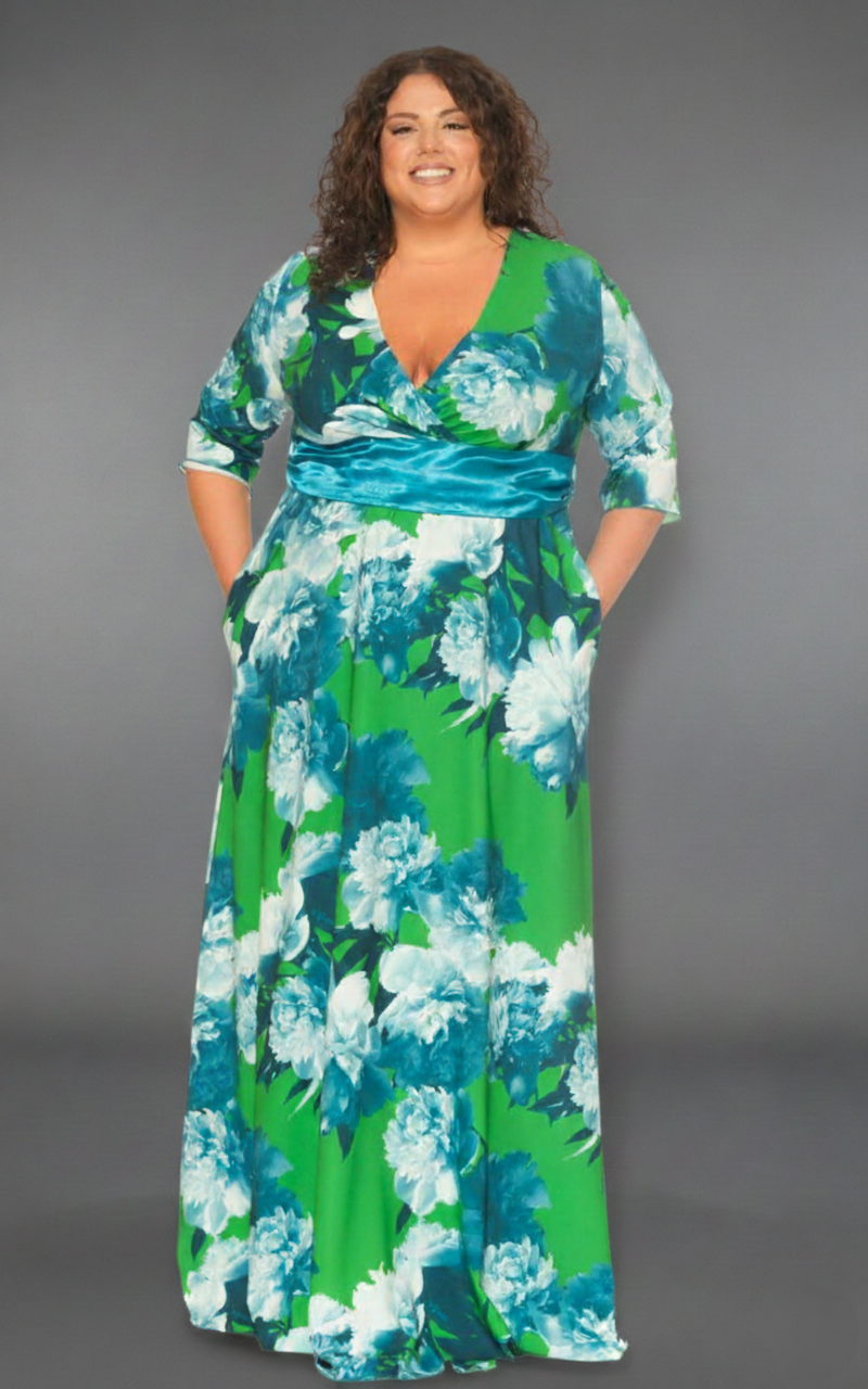 Vestido Largo Manga Estampado Floral Verde