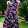 Vestido Estampado Caída Plumas Moradas Hombro