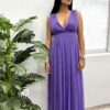 Vestido Largo Tul Lila Con Fajín Negro