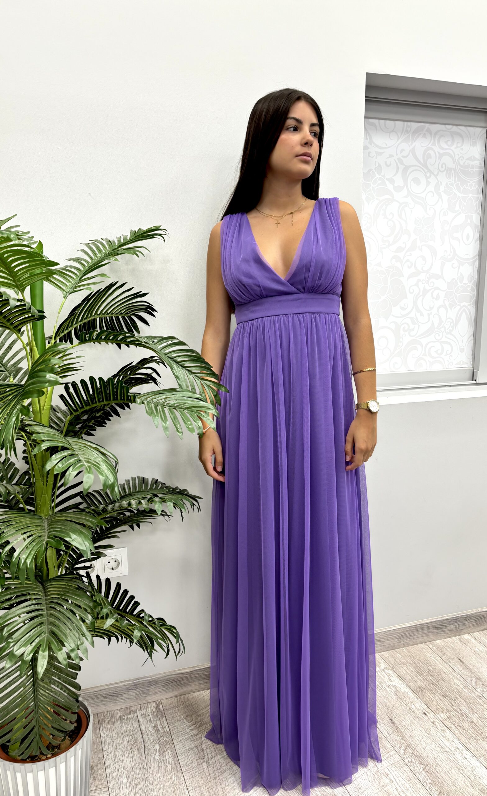 Vestido Largo Tul Lila Con Fajín Negro