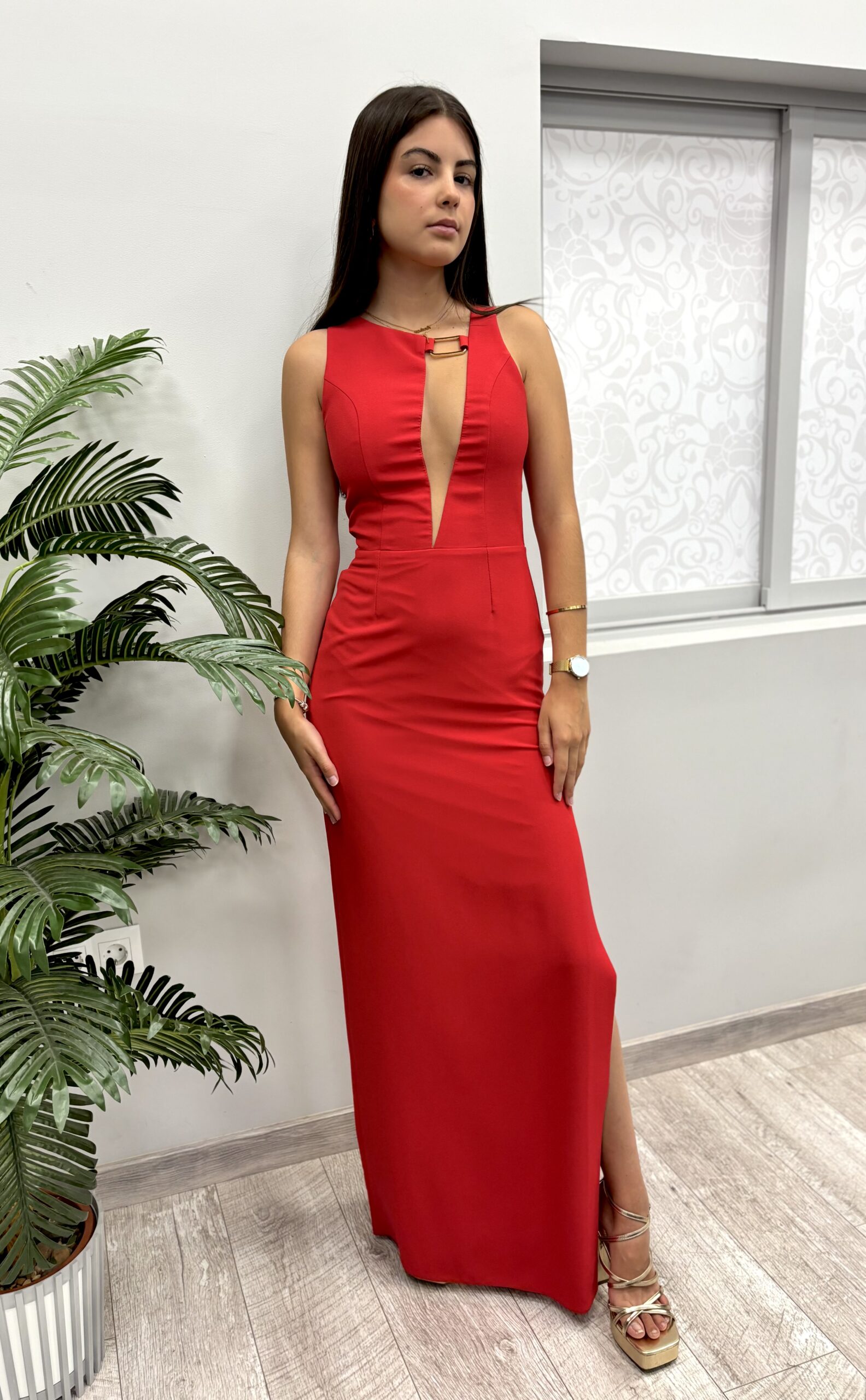 Vestido Largo Hebilla Escote Rojo