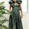 Vestido Jacquard Verde Y Dorado