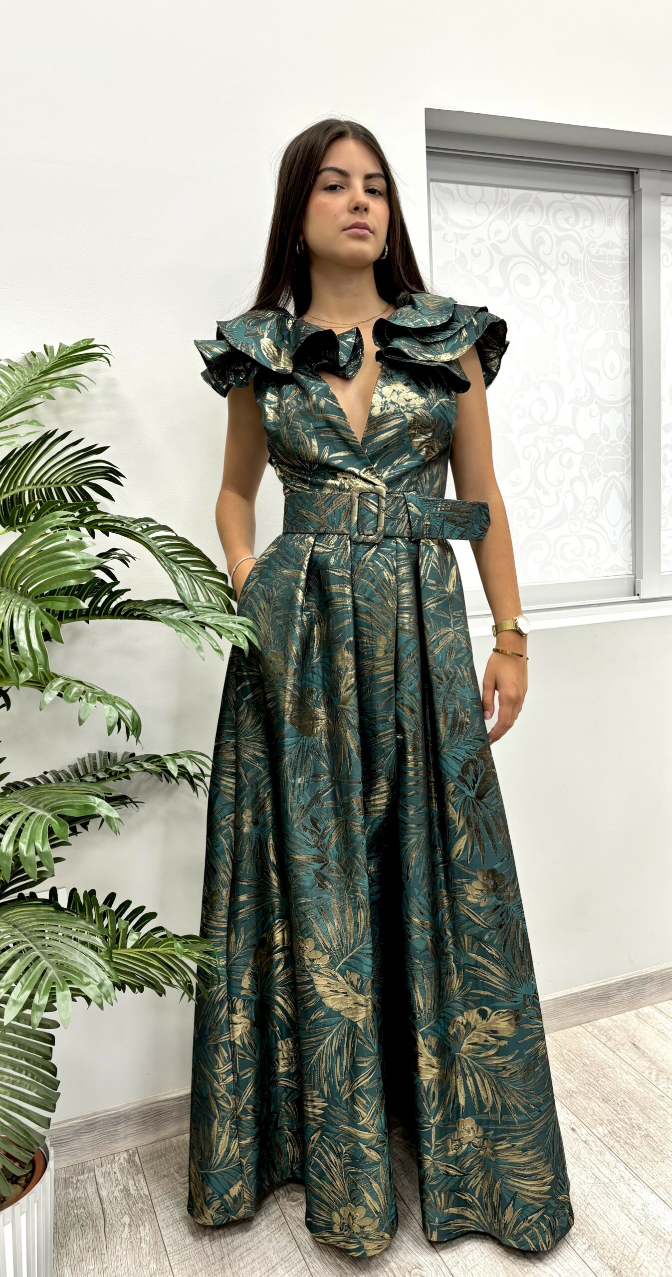Vestido Jacquard Verde Y Dorado