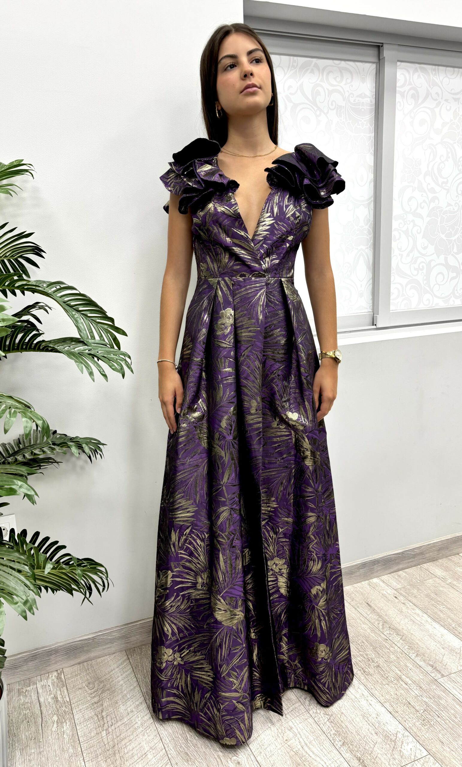 Vestido Jacquard Dorado Y Morado
