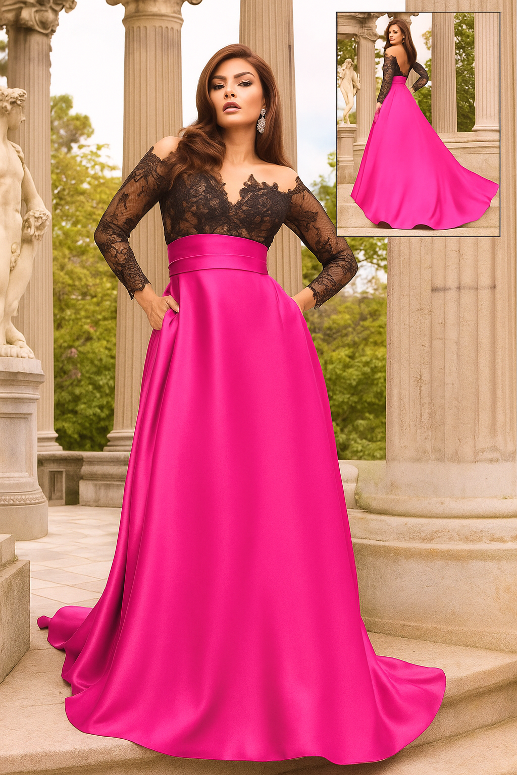 Vestido con cuerpo de encaje y falda pomposa