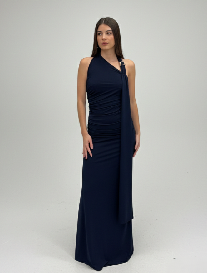 Vestido Drapeado Azul Marino